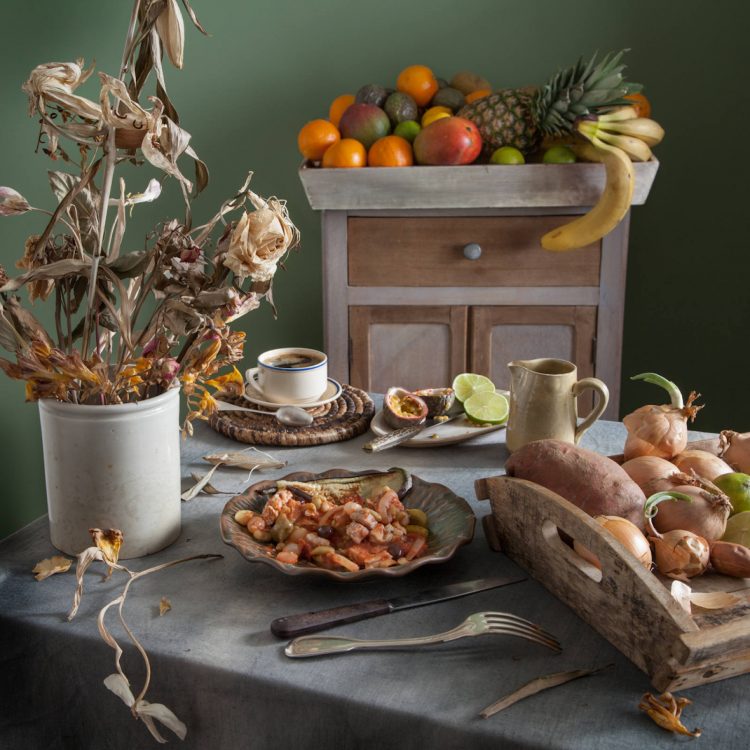 From 'Fictitious Feasts', work about food scenes in literature. Here a sancocho dish with dead flowers and tropical fruits, from teh Colombian novel "Love in the times of cholera" (El amor en los tiempos del colera) by Gabriel Garcia Marquez.